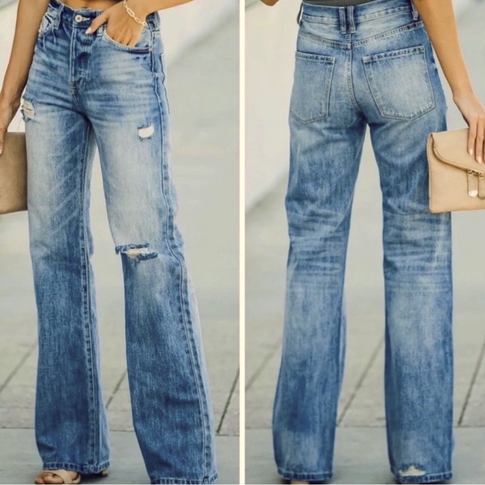 KanCan 90s High Rise Flare Leg Jeans Distressed Wide Leg Medium Wash Denim
